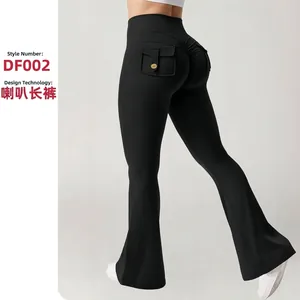Pantalon de Yoga Évasé à Taille Haute pour Femmes Poche Cargo Fesses Froncées Leggings de Sport Bootcut