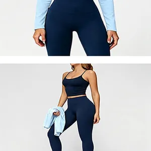 Dreiteiliges nahtloses Yoga-Set mit marineblauem Sport-BH und hoher Leggings