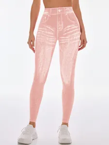 Nahtlose Yoga-Leggings in Pink für Damen, hoch taillierte Fitnesshose im Denim-Look
