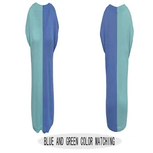 Detail showing front and back views of a blue and green color-blocked loose V-neck knitwear piece