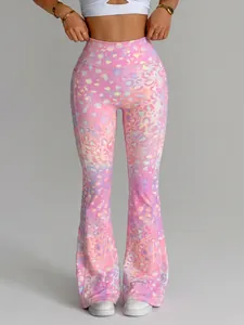 Hoch taillierte ausgestellte Yoga-Hose mit rosa Leopardenmuster für Damen Fitness