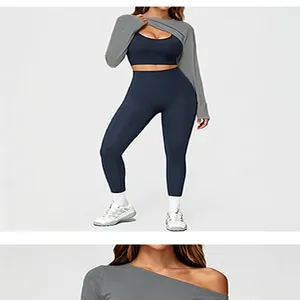 Nahaufnahme von dreiteiligem nahtlosem Yoga-Set mit Langarm-Bolero und Sport-BH