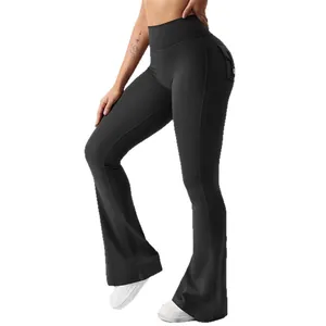 Pantalon de yoga évasé noir à taille haute avec poche cargo pour femme, effet liftant