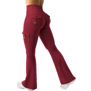 Pantalon de yoga cargo évasé bordeaux à taille haute avec poches pour le fitness