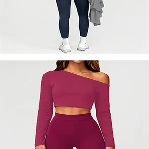 Detailansicht eines nahtlosen Yoga-Sets mit One-Shoulder-Crop-Top und eng anliegender Leggings.