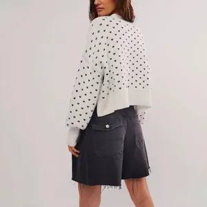 Casual white short-length knit sweater with blue butterfly jacquard pattern for women