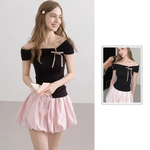 Off-The-Shoulder Black Top With Pink Bow And Bubble Skirt Top And Bottom Sweet Summer Skirt Set For Women
