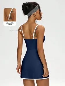 Back view detail of athletic tennis dress with adjustable shoulder strap clasp