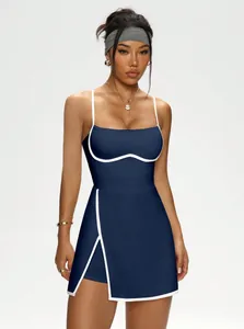 Full-length front view of a navy athletic tennis dress with white contrast trim details.