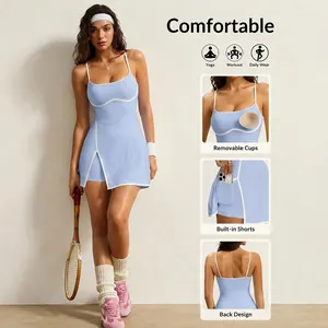Detailed features of the light blue sports dress including built-in shorts and pockets