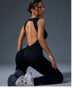 Sexy backless black yoga bodysuit featuring skin-friendly fabric and high-waist push-up fit.