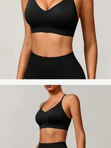 Detail of black seamless knit sports bra showing the fit and fabric texture for yoga