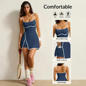 Detail view of blue tennis dress with removable cups and built-in shorts