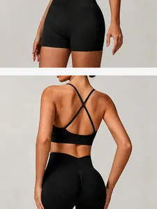 Rear view of seamless cross-back yoga bra and matching high-waisted gym shorts