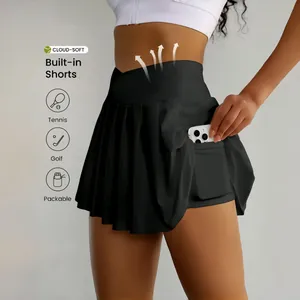Women High Waist Crossover Athletic Skort Pleated Sports Skirt With Side Pockets For Tennis Golf Yoga Running Gym Workout Bottoms