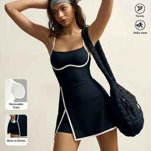 Detail of black tennis dress with contrast trim, removable cups and built-in shorts