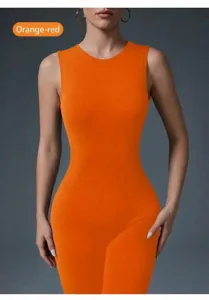 Ärmelloser orangefarbener Yoga-Body mit hoher Elastizität und schlanker Silhouette