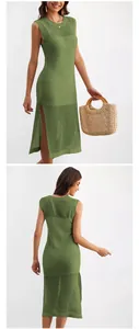Detailed front and back views of an olive green hollow-out knitted sleeveless midi dress