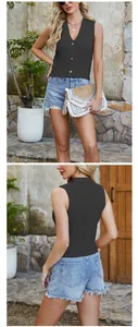 Front and back details of a stylish black V-neck rib-knit sleeveless vest for women