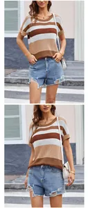 Lässiges, gestreiftes Strick-T-Shirt mit braun-weißen Farbblock-Streifen für Damen