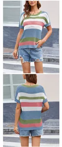 Lässiges gestreiftes Kurzarm-Strick-T-Shirt mit Farbblock-Design in Vorder- und Rückansicht