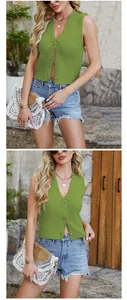 Detailed view of women's green chunky knit vest featuring V-neck and button-down style
