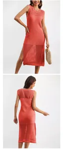 Front and back view of elegant coral knitted sleeveless dress with hollow-out details