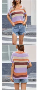 Vorder- und Rückansicht des lässigen, gestreiften Kurzarm-Strickshirts für Damen Mode
