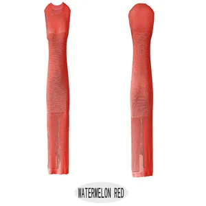 Detail view showing front and back of watermelon red hollow-out knitted tank dress