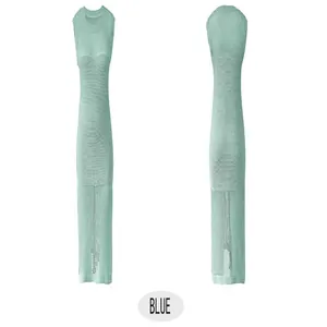 Front and back detail view of a light blue sleeveless hollow out knitted maxi dress