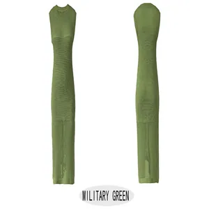 Detail view showing front and back of a military green hollow-out knit sleeveless maxi dress