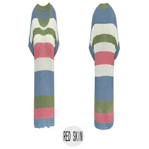 Vorder- und Rückansicht des locker gestreiften Kurzarm-Strickpullovers für Damen