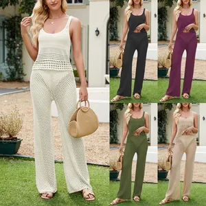 Haut Et Bas pour Femmes en Tricot Ajouré Viscose Sans Manches Débardeur Et Pantalon Large Vêtements d'Été Décontractés