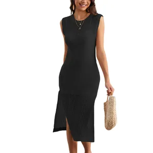 Summer black sleeveless crochet knit midi dress for women featuring hollow out design