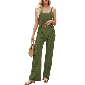 Ensemble deux pièces élégant en tricot ajouré vert olive sans manches pour la mode d'été