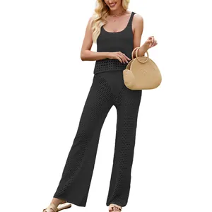 Ensemble deux pièces d'été pour femmes avec haut en crochet sans manches et pantalon