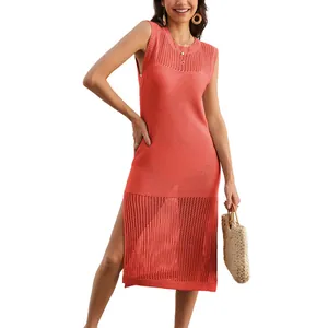 Sleeveless coral knit dress with hollow-out mesh detailing and side slits for summer