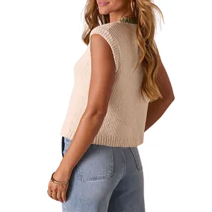 Casual mouwloze beige geribbelde gebreide top met ronde hals voor lente en zomer