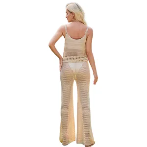 Ensemble deux pièces en tricot crochet sans manches pour l'été avec motifs ajourés