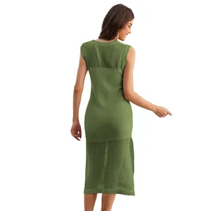 Back view of a chic olive green knitted hollow-out sleeveless midi dress for women