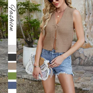 Women V-Neck Knitted Vest Top Solid Color Chunky Knit Sleeveless Sweater Vest With Buttons Street Fashion Casual Viscose Top