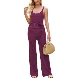 Ensemble deux pièces sans manches en tricot crochet évidé prune avec pantalon large