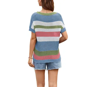 Lässiger gestreifter Kurzarm-Strickpullover für Damen im bunten Patchwork-Design