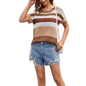 Lässiges Damen Strick-T-Shirt mit Streifenmuster, Rundhalsausschnitt und Kurzarm