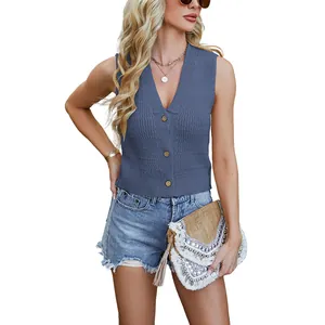 Chic blue V-neck knit button-down vest for women, trendy sleeveless summer street fashion top