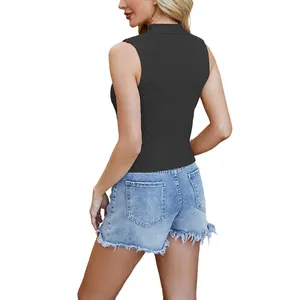 Stylish sleeveless high neck black knit vest tank top for casual summer street fashion