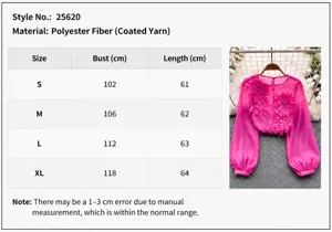 Measurement chart for elegant fuchsia pink lantern sleeve blouse with 3D floral details