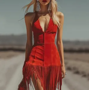 Close-up detail of a western-style red suede sleeveless dress featuring long fringe hem