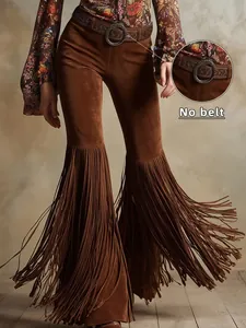 Women's Western Vintage Fringe Flare Pants Faux Suede Tassel Trousers Solid Color Bohemian Streetwear Long Flare Trousers