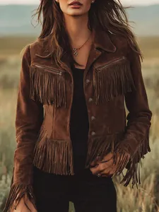 Close-up of brown vintage fringe faux suede jacket for women in outdoor autumn setting